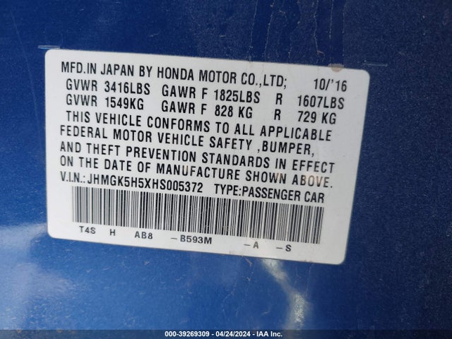 Honda FIT LX 2017 JHMGK5H5XHS005372 Image 9