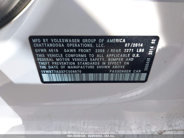 1VWBT7A3XFC006670 Volkswagen Passat 1.8t Se