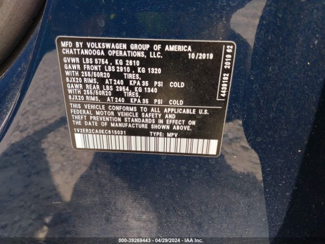 1V2ER2CA0KC615031 Volkswagen Atlas 3.6l V6 Sel