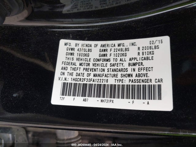 Honda ACCORD LX 2015 1HGCR2F30FA122216 Image 9