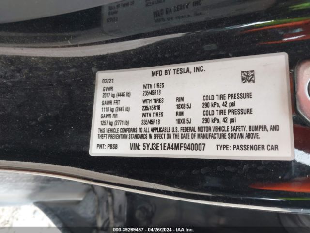 5YJ3E1EA4MF940007 Tesla Model 3 Standard Range Plus Rear-wheel Drive