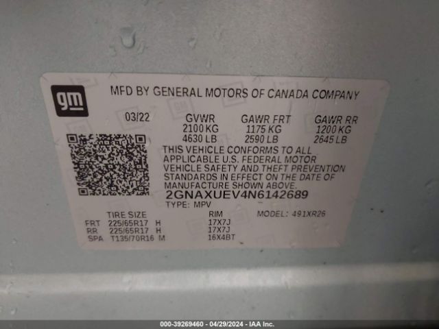 2GNAXUEV4N6142689 Chevrolet Equinox Awd Lt