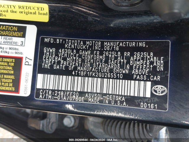 Toyota CAMRY SE 2016 4T1BF1FK2GU265510 Image 9