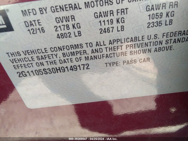 Chevrolet IMPALA 1LT 2017 2G1105S30H9149172 Image 9