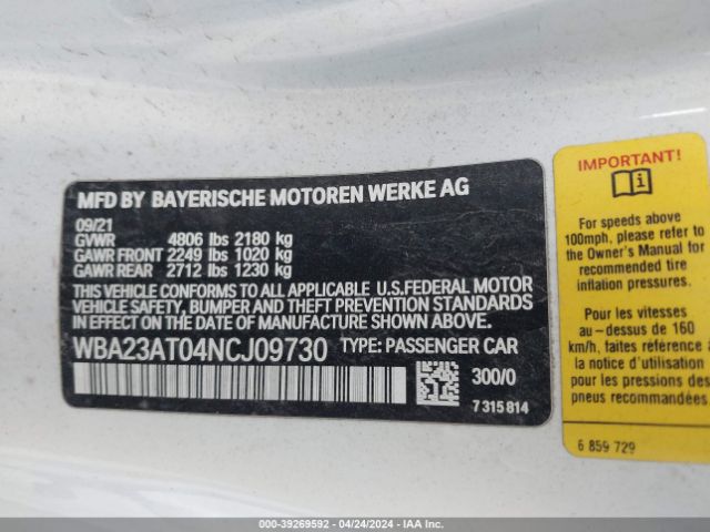 WBA23AT04NCJ09730 BMW 430I