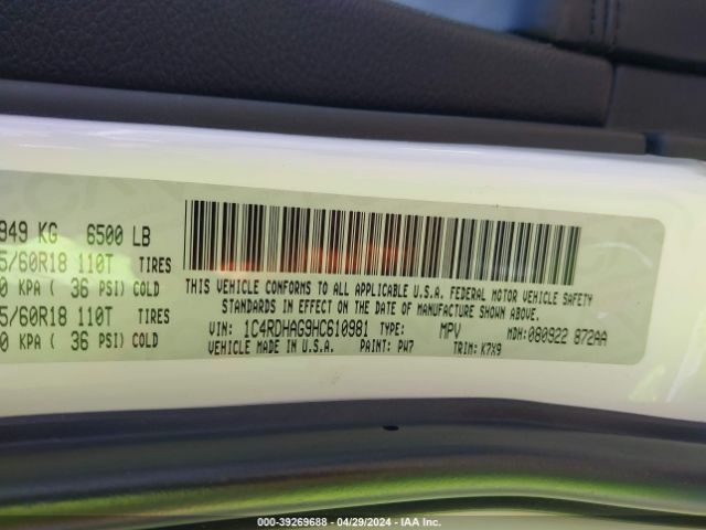 1C4RDHAG9HC610981 Dodge Durango Sxt Rwd