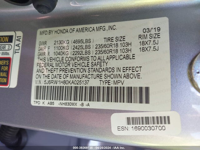 Honda Cr-v Ex-l 2019 5J6RW1H80KA025137 Image 9