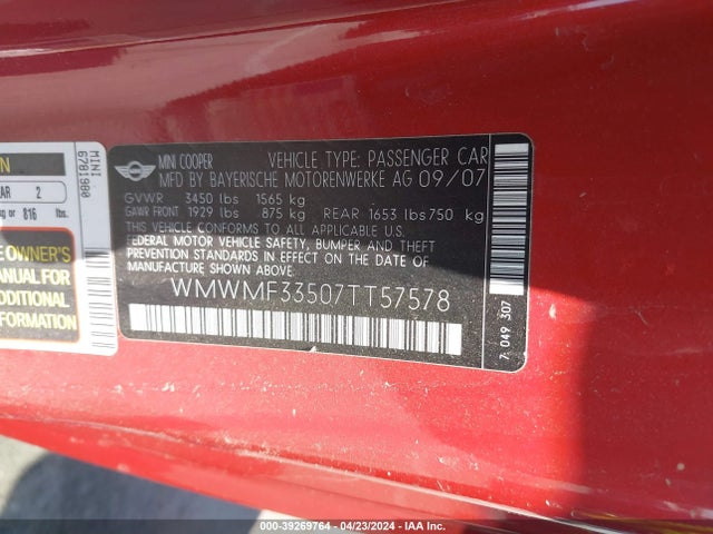 2007 MINI COOPER WMWMF33507TT57578 Photo 8