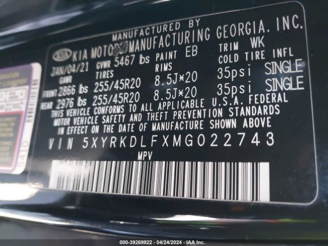 5XYRKDLFXMG022743 KIA Sorento Sx Prestige