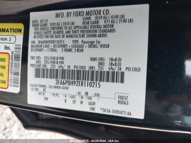 Ford FUSION SE 2014 3FA6P0H92ER110215 Image 9