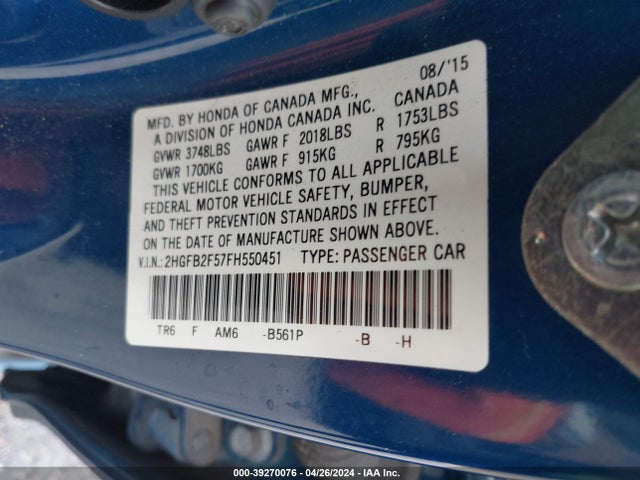 Honda Civic Lx 2015 2HGFB2F57FH550451 Image 9