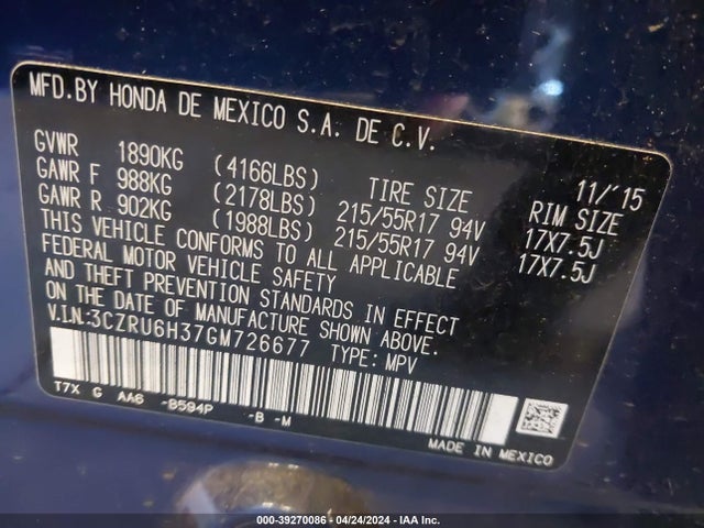 Honda HR-V LX 2016 3CZRU6H37GM726677 Image 9