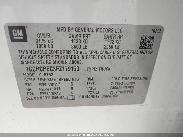Chevrolet Silverado 1500 Wt 2015 1GCRCPEC3FZ179150 Image 9
