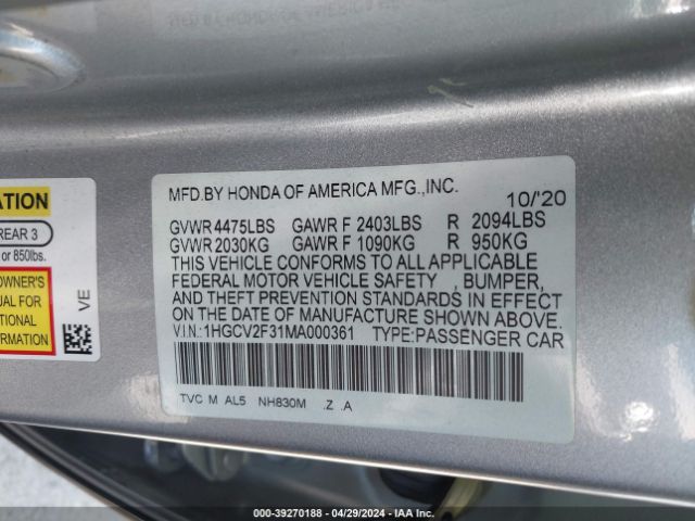 1HGCV2F31MA000361 Honda Accord Sport 2.0t