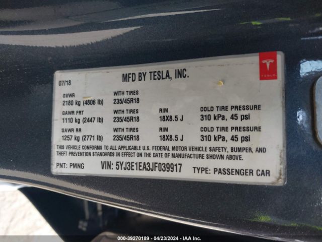 5YJ3E1EA3JF039917 Tesla Model 3 Long Range/mid Range