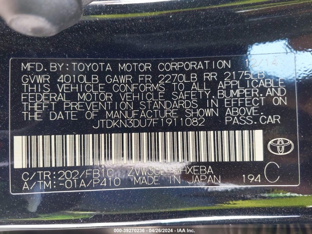 Toyota Prius Three 2015 JTDKN3DU7F1911082 Image 9