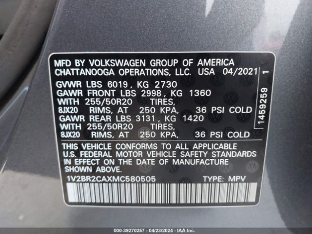 1V2BR2CAXMC580505 Volkswagen Atlas 3.6l V6 Sel