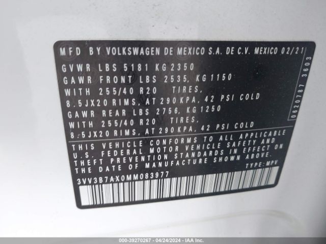 3VV3B7AX0MM083977 Volkswagen Tiguan 2.0t Se/2.0t Se R-line Black/2.0t Sel