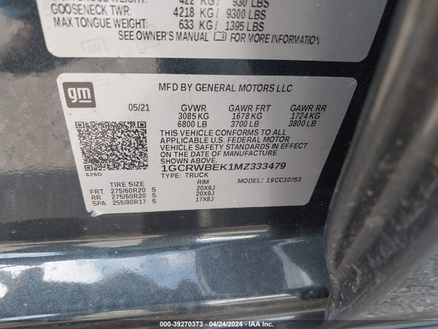 1GCRWBEK1MZ333479 Chevrolet Silverado 1500 2wd Double Cab Standard Bed Custom
