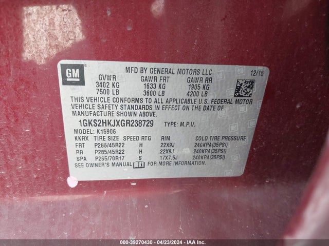 GMC YUKON XL DENALI 2016 1GKS2HKJXGR238729 Image 9