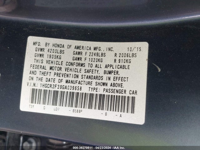 Honda ACCORD LX 2016 1HGCR2F39GA039658 Image 9