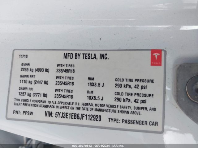5YJ3E1EB6JF112920 Tesla Model 3 Long Range/performance