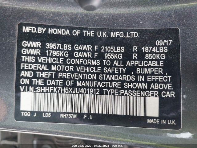 Honda CIVIC EX 2018 SHHFK7H5XJU401912 Image 9