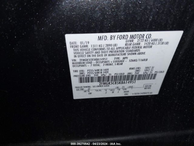 2FMGK5C85KBA14951 Ford FLEX SEL