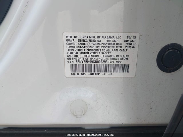 Honda Pilot Touring 2016 5FNYF5H99GB002293 Image 9
