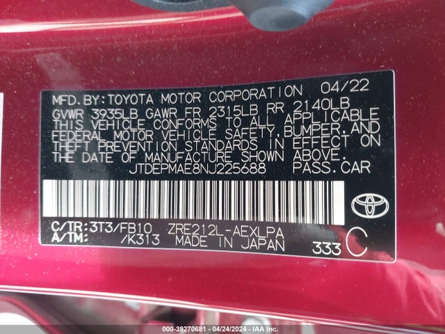 Toyota COROLLA LE 2022 JTDEPMAE8NJ225688 Image 9