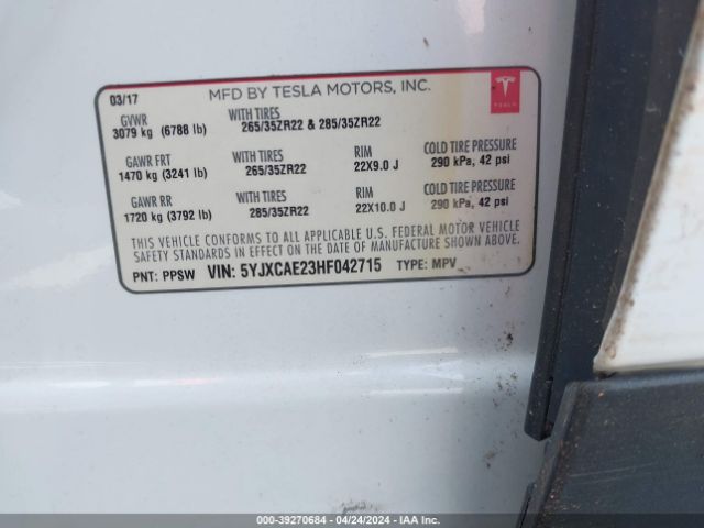 5YJXCAE23HF042715 Tesla Model X 100d/75d/90d