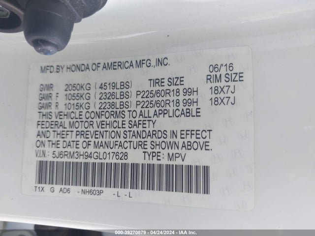 Honda Cr-v Touring 2016 5J6RM3H94GL017628 Image 9