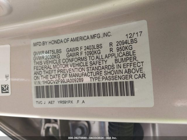1HGCV2F99JA009289 Honda Accord Touring 2.0t