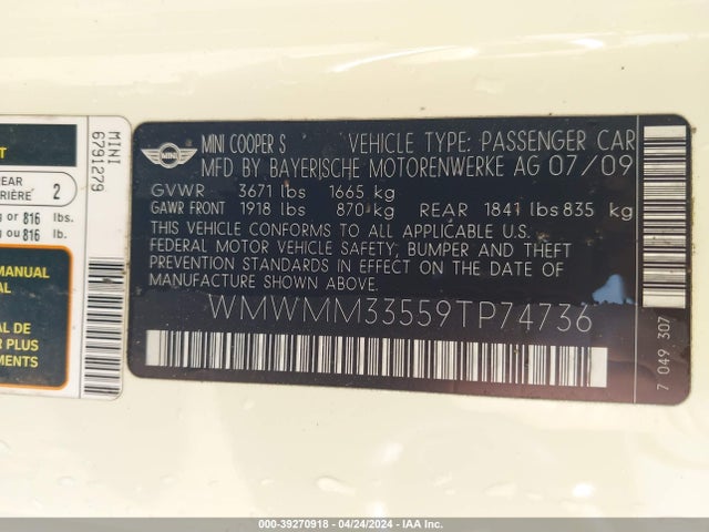2009 MINI COOPER S CLUBMAN WMWMM33559TP74736 Photo 8