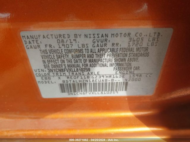 3N1CN8FVXLL810259 Nissan Versa Sr Xtronic Cvt