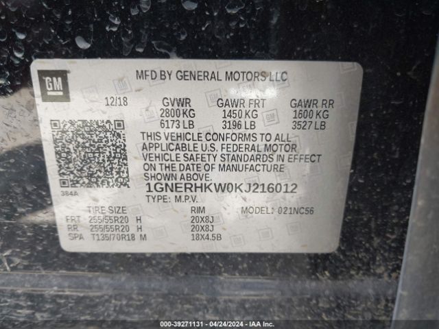 1GNERHKW0KJ216012 Chevrolet Traverse 3lt