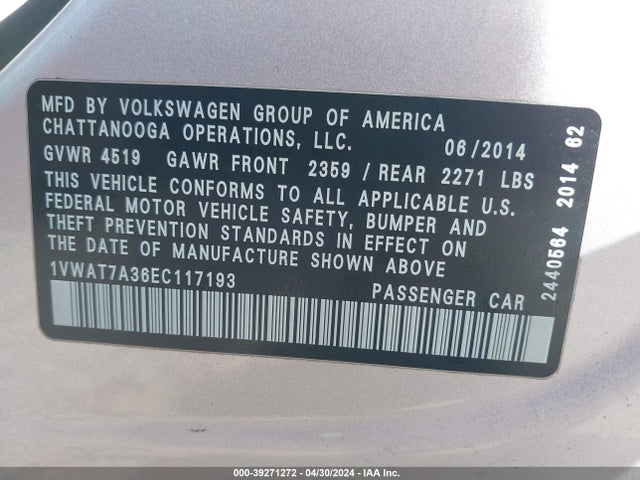 Volkswagen Passat 1.8t S 2014 1VWAT7A36EC117193 Image 9