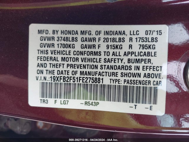 Honda Civic Lx 2015 19XFB2F51FE275881 Image 9