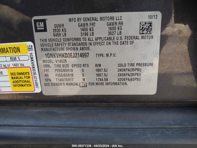 Chevrolet Traverse 2lt 2014 1GNKVHKD3EJ214997 Image 9