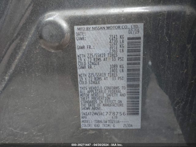 5N1AT2MV5KC778756 Nissan Rogue Sl