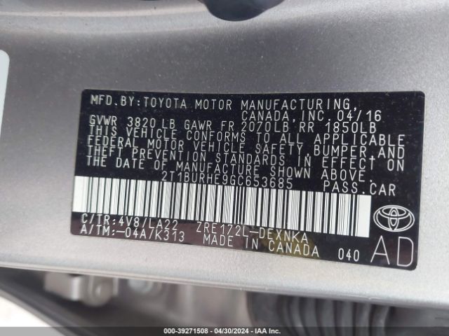 2T1BURHE9GC653685 Toyota Corolla Le Premium