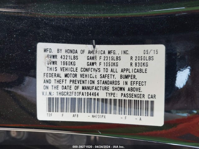 Honda Accord Ex-l 2015 1HGCR2F80FA194464 Image 9