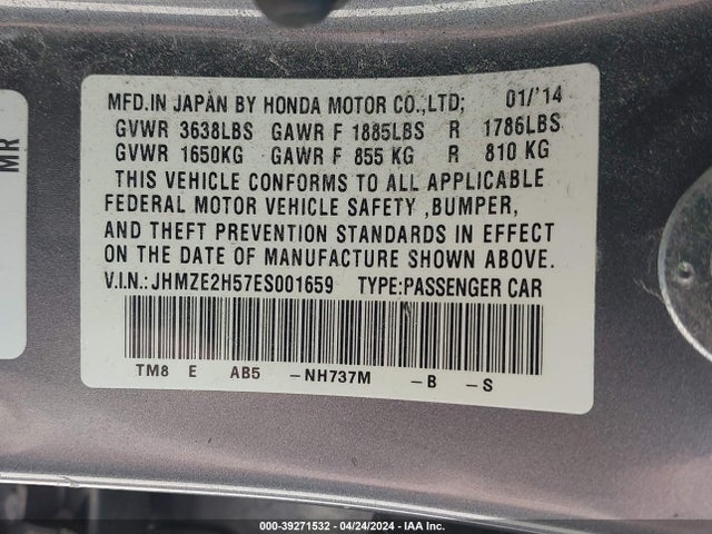 Honda Insight Lx 2014 JHMZE2H57ES001659 Image 9
