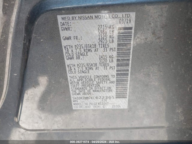 Nissan Pathfinder Sl 2019 5N1DR2MM7KC622365 Image 9