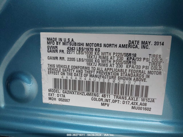 4A4AR4AU7EE029971 Mitsubishi Outlander Sport Se