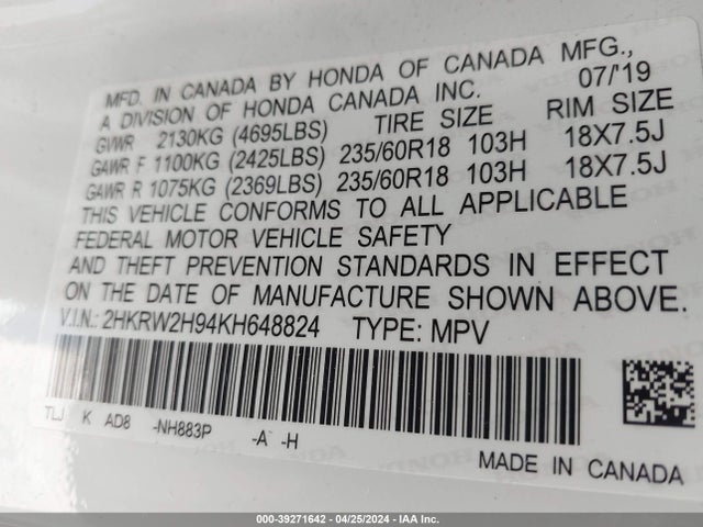 Honda Cr-v Touring 2019 2HKRW2H94KH648824 Image 9