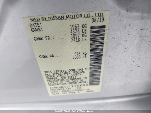 Nissan Altima S Fwd 2020 1N4BL4BV7LC135680 Image 9