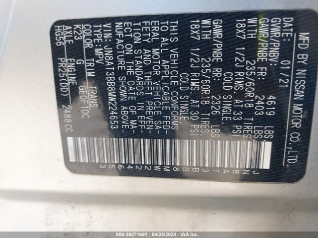 JN8AT3BB8MW224653 Nissan Rogue Sv Intelligent Awd