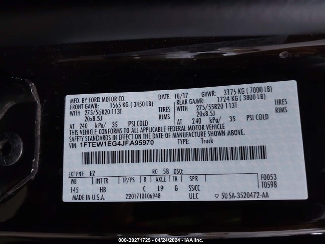 1FTEW1EG4JFA95970 Ford F-150 Lariat