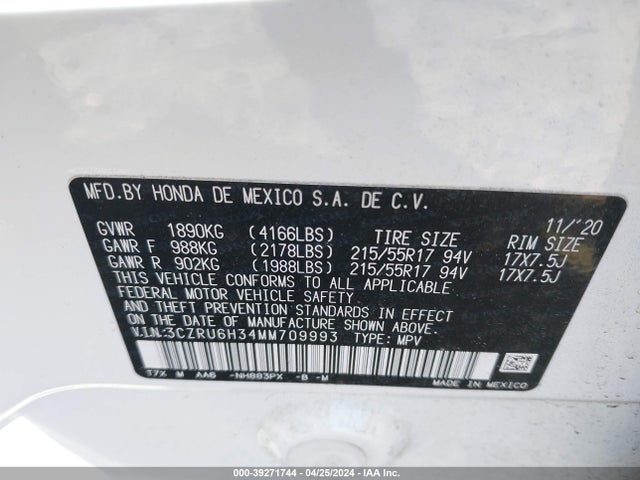 Honda Hr-v Awd Lx 2021 3CZRU6H34MM709993 Image 9